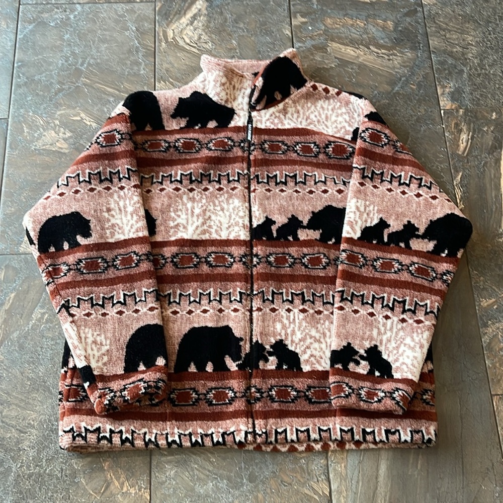 VTG Black Mountain Outdoor Bear Aztec Western Print Size XL Fleece Jacket USA
